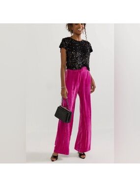 New Francesca's Kristin Velvet Textured High Rise Wide Leg Trouser Pants